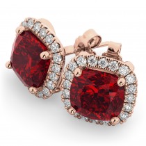 Halo Cushion Lab Ruby & Diamond Earrings 14k Rose Gold (4.04ct)