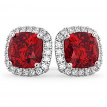Halo Cushion Lab Ruby & Diamond Earrings 14k White Gold (4.04ct)