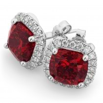 Halo Cushion Lab Ruby & Diamond Earrings 14k White Gold (4.04ct)