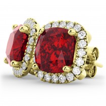 Halo Cushion Lab Ruby & Diamond Earrings 14k Yellow Gold (4.04ct)