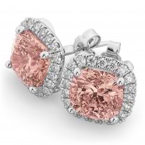 Halo Cushion Morganite & Diamond Earrings 14k White Gold (4.04ct)