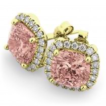 Halo Cushion Morganite & Diamond Earrings 14k Yellow Gold (4.04ct)