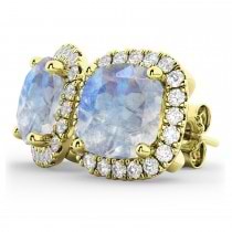 Halo Cushion Moonstone & Diamond Earrings 14k Yellow Gold (4.04ct)