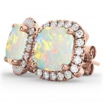 Halo Cushion Opal & Diamond Earrings 14k Rose Gold (4.04ct)