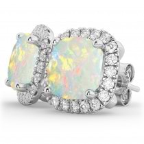 Halo Cushion Opal & Diamond Earrings 14k White Gold (4.04ct)