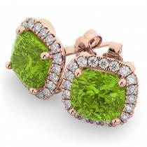 Halo Cushion Peridot & Diamond Earrings 14k Rose Gold (4.04ct)