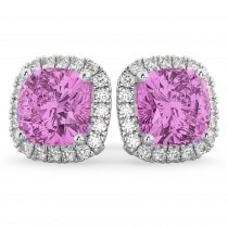 Halo Cushion Pink Sapphire & Diamond Earrings 14k White Gold (4.04ct)