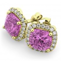Halo Cushion Pink Sapphire & Diamond Earrings 14k Yellow Gold (4.04ct)