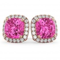 Halo Cushion Pink Tourmaline & Diamond Earrings 14k Rose Gold (4.04ct)