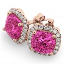 Halo Cushion Pink Tourmaline & Diamond Earrings 14k Rose Gold (4.04ct)