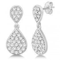 Pave Set Diamond  Dangle Teardrop Earrings in 14k White Gold (1.20ct)