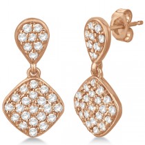 Pave Set Dangling Drop Square Diamond Earrings 14k Rose Gold 1.04ct