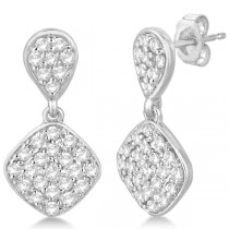Pave Set Dangling Drop Square Diamond Earrings 14k White Gold 1.04ct