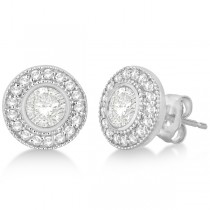 Vintage Style Diamond Halo Earrings Bezel Studs 14k White Gold 1.31ct