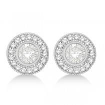 Vintage Style Diamond Halo Earrings Bezel Studs 14k White Gold 1.31ct