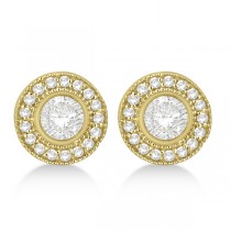 Vintage Style Diamond Halo Earrings Bezel Studs 14k Yellow Gold 1.31ct