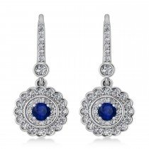 Diamond & Blue Sapphire Halo Drop Earrings 14K White Gold (1.60ct)