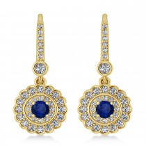 Diamond & Blue Sapphire Halo Drop Earrings 14K Yellow Gold (1.60ct)