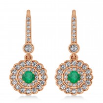 Diamond & Emerald Double Halo Drop Earrings 14K Rose Gold (1.60ct)