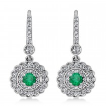 Diamond & Emerald Double Halo Drop Earrings 14K White Gold (1.60ct)