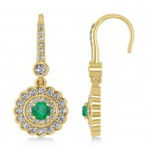 Diamond & Emerald Double Halo Drop Earrings 14K Yellow Gold (1.60ct)