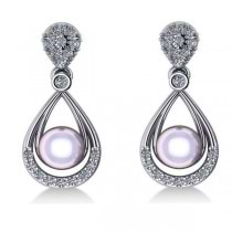 Pearl & Diamond Tear Drop Earrings 14k White Gold (0.39ct)