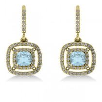 Aquamarine & Diamond Double Halo Dangling Earrings 14k Y Gold (3.00ct)