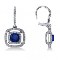 Blue Sapphire & Diamond Halo Dangling Earrings 14k White Gold (3.00ct)