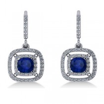Blue Sapphire & Diamond Halo Dangling Earrings 14k White Gold (3.00ct)