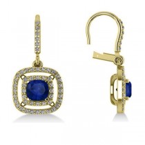 Blue Sapphire & Diamond Halo Dangling Earrings 14k Yellow Gold (3.00ct)