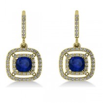 Blue Sapphire & Diamond Halo Dangling Earrings 14k Yellow Gold (3.00ct)