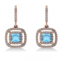 Blue Topaz & Diamond Double Halo Dangling Earrings 14k R Gold (3.00ct)