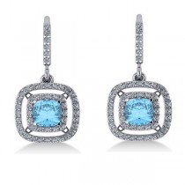 Blue Topaz & Diamond Double Halo Dangling Earrings 14k W Gold (3.00ct)