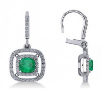 Emerald & Diamond Double Halo Dangling Earrings 14k White Gold (3.00ct)