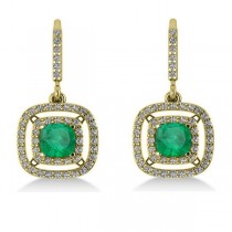 Emerald & Diamond Double Halo Dangling Earrings 14k Yellow Gold (3.00ct)