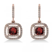 Garnet & Diamond Double Halo Dangling Earrings 14k Rose Gold (3.00ct)