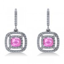 Pink Sapphire & Diamond Halo Dangling Earrings 14k White Gold (3.00ct)