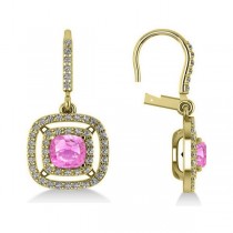 Pink Sapphire & Diamond Halo Dangling Earrings 14k Yellow Gold (3.00ct)