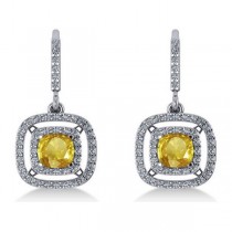 Yellow Sapphire & Diamond Halo Dangling Earrings 14k White Gold (3.00ct)