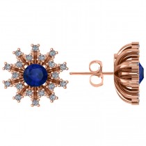 Blue Sapphire & Diamond Sunburst Earrings 14k Rose Gold (1.60ct)