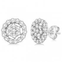 Diamond Cluster Earrings with Halo, Pave Set 14k White Gold 1.50ct