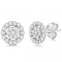 Diamond Cluster Earrings with Halo, Pave Set 14k White Gold 0.61ct