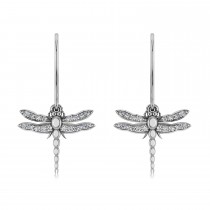 Dragonfly Insect Diamond Dangle Earrings 14k White Gold (0.36ct)