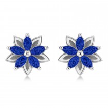 Blue Sapphire 5-Petal Flower Earrings 14k White Gold (1.40ct)