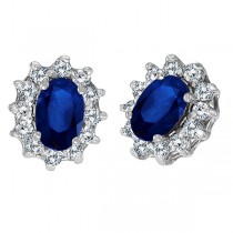 Oval Lab Grown Blue Sapphire & Diamond Earrings 14k White Gold (2.05ct)