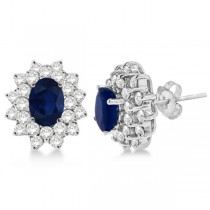 Diamond & Oval Cut Blue Sapphire Earrings 14k White Gold (3.00ctw)