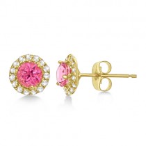 Halo Pink Tourmaline & Diamond Stud Earrings 14k Yellow Gold (0.65ct)