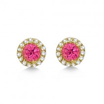 Halo Pink Tourmaline & Diamond Stud Earrings 14k Yellow Gold (0.65ct)