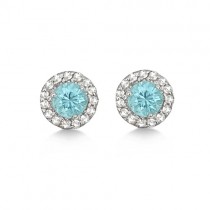 Round Halo Blue Zircon & Diamond Stud Earrings 14k White Gold (0.90ct)