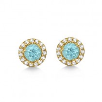 Round Halo Blue Zircon & Diamond Stud Earrings 14k Yellow Gold (0.90ct)